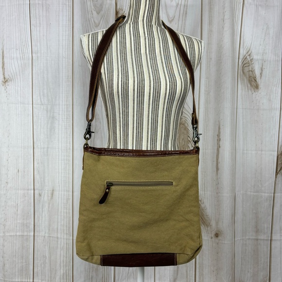 Myra Leather Shoulder Purse Tooled Leather Canvas Crossbody Pocketbook Brown - Picture 3 of 16